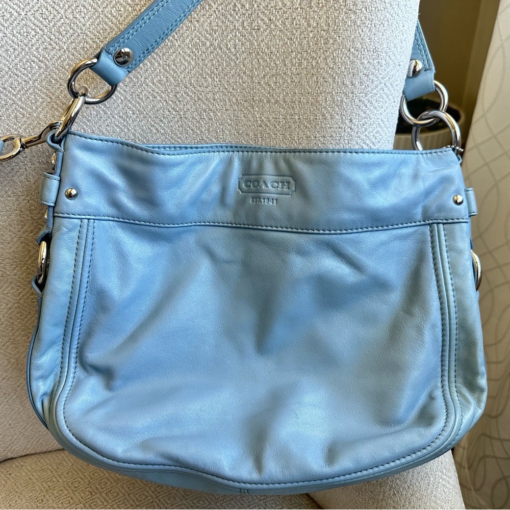 Coach Zoe Hobo BlueGrey Leather Shoulder / Crossbody Bag with Tassel F14707